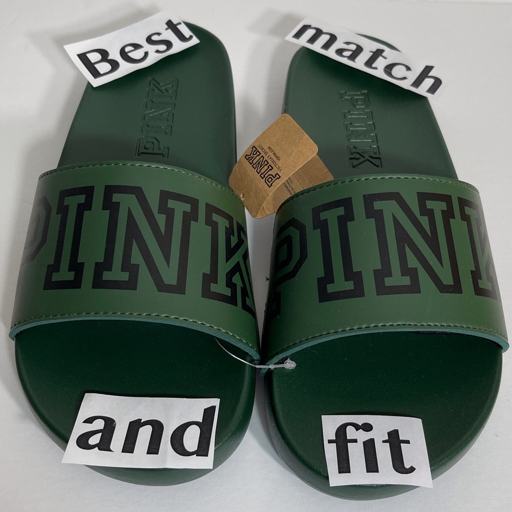 PINK Victoria’s Secret S L Logo Slides Slip On Sandals Dark Green